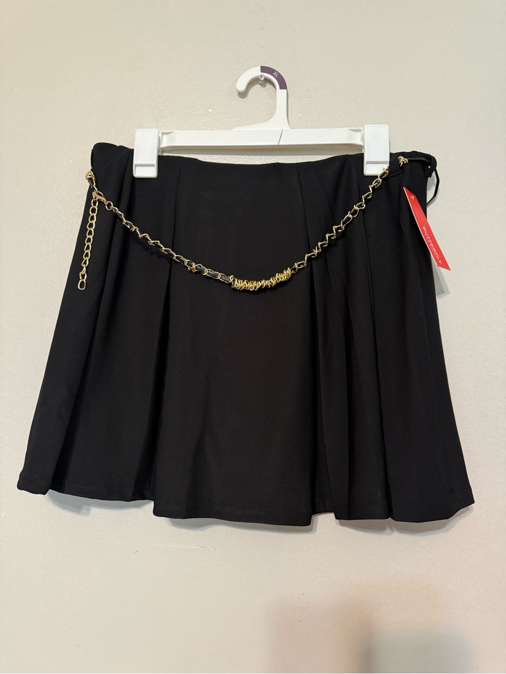 Black Pleated Mini Skirt with Gold Chain